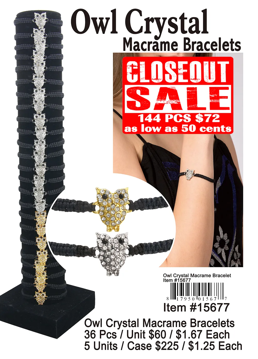 Owl Crystal Macrame Bracelets - Closeout 144 Pcs.